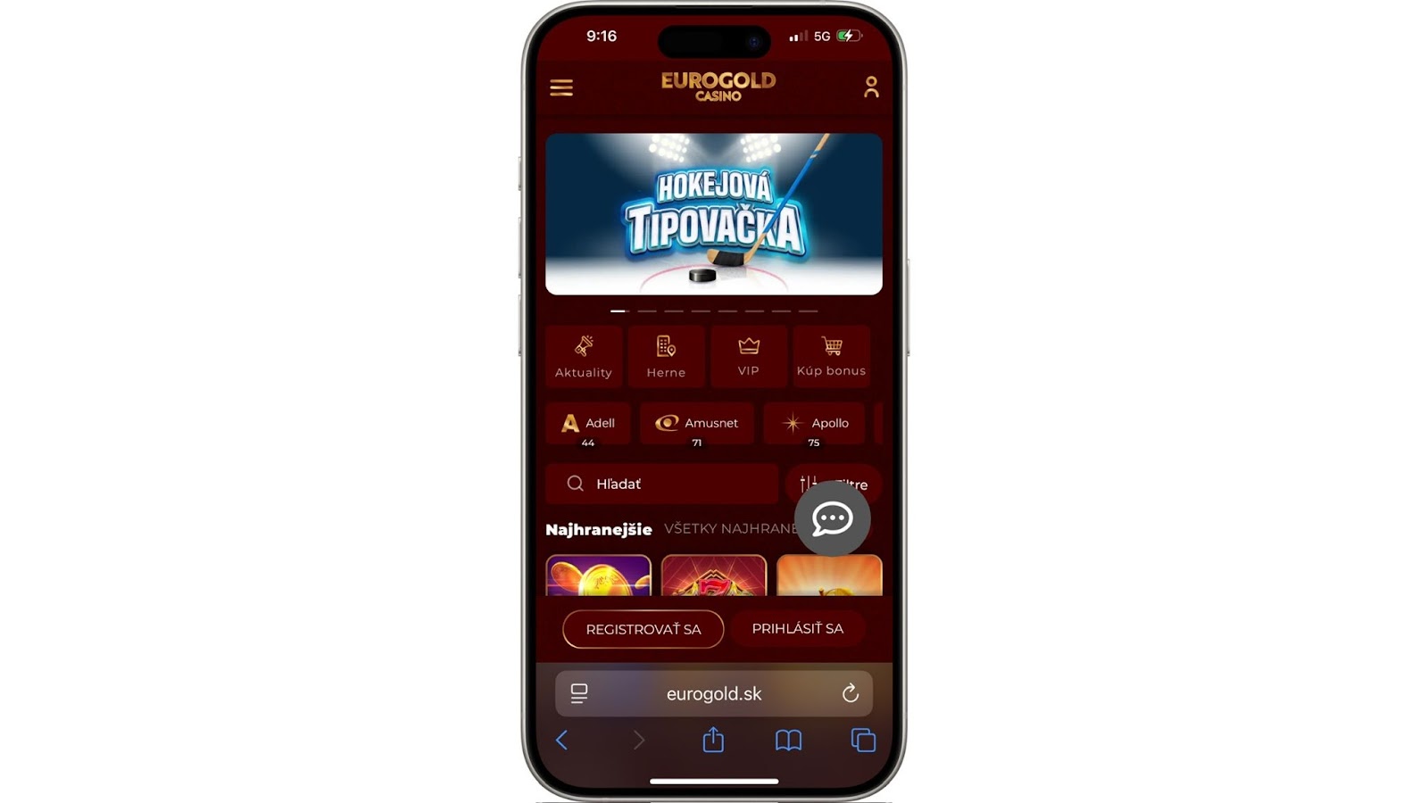 Mobilná verzia domovskej stránky online kasína Eurogold s bannerom Hokejová Tipovačka a možnosťami ako hry, VIP, kúp bonus, registrácia a prihlásenie.