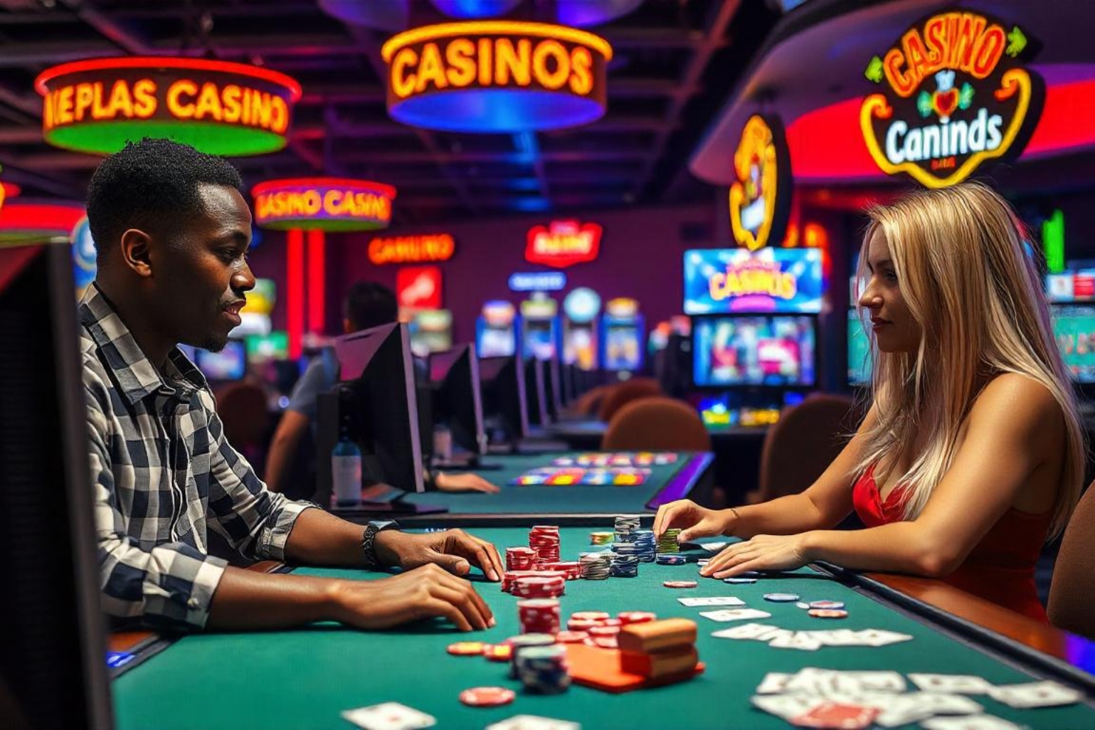 A man and woman play casino games amid vibrant lights and lively tables.