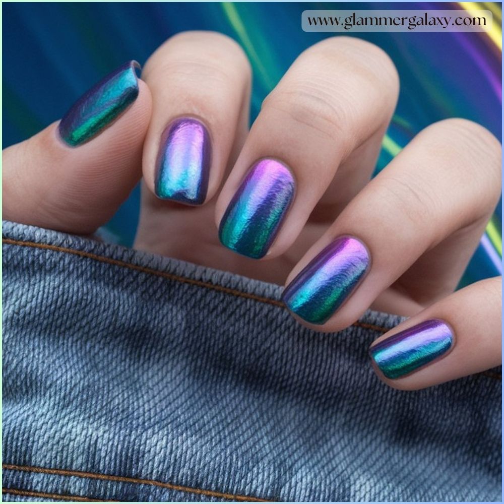 Hot summer nails having Mermaid chrome effects that shift colors