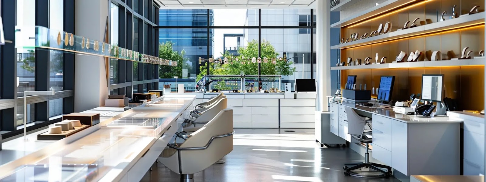 a polished jewelry care station in a sleek tampa office setting, showcasing elegant custom pieces being meticulously cleaned by skilled experts under bright, focused lighting that highlights their intricate details and gleaming surfaces.
