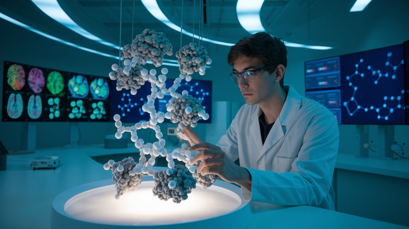 Create a realistic image of a scientist in a white lab coat examining a complex molecular model of amyloid proteins, with a backdrop of colorful brain scans and drug molecule diagrams on screens, in a modern research laboratory with soft, cool lighting.