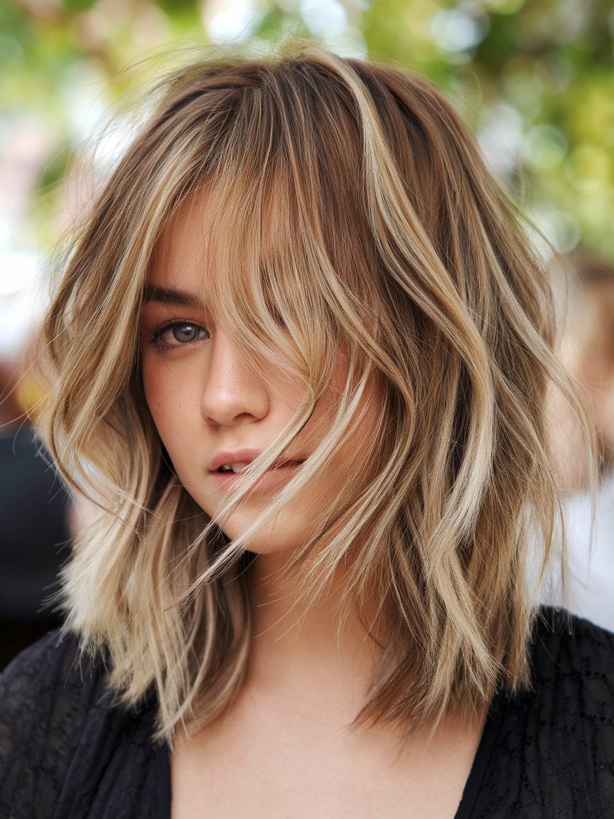 15. Textured Lob with Golden Highlights and Soft Layers