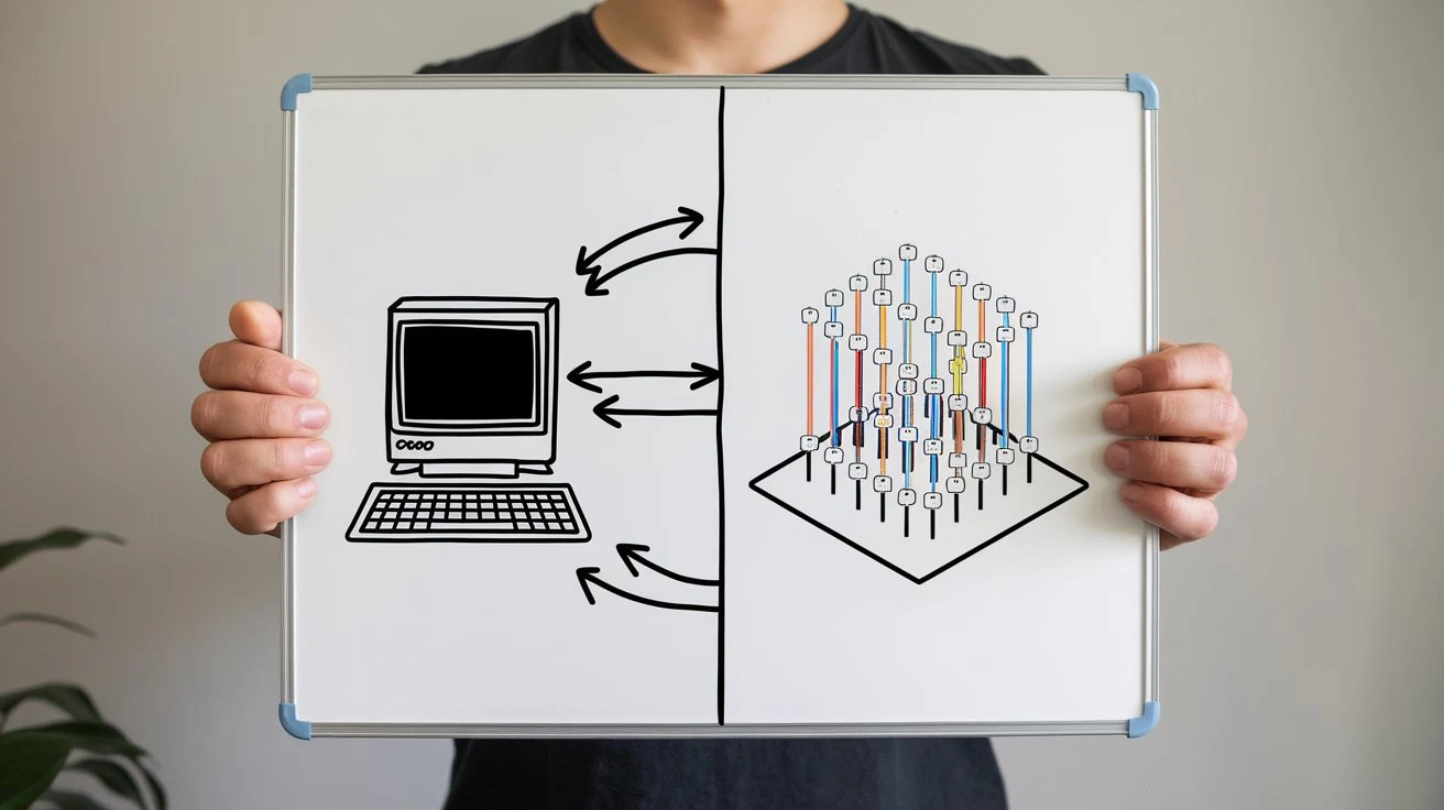 An illustration depicting quantum parallelism with multiple qubits operating at once, contrasted with classical serial processing.