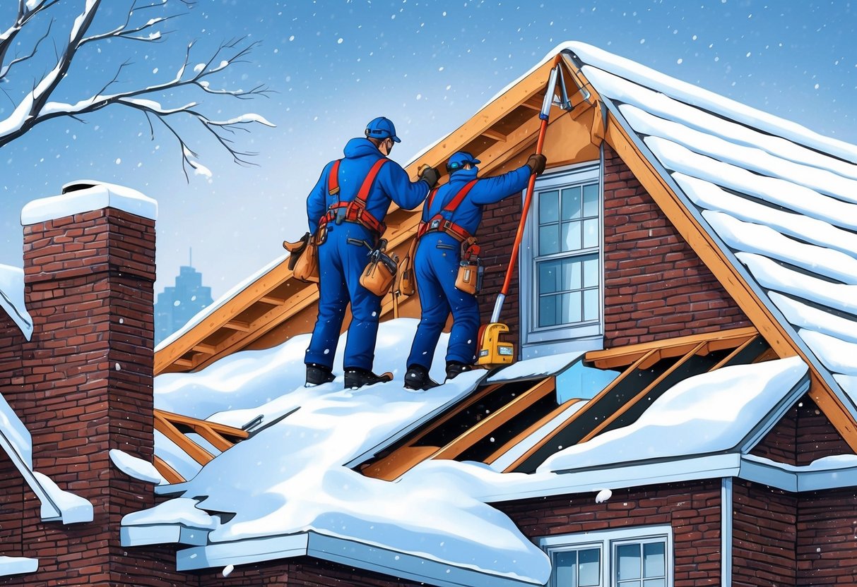 A roofing crew working in the snow, repairing a damaged roof in Illinois during a winter emergency