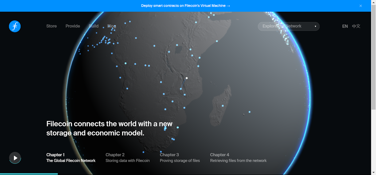 Filecoin homepage featuring a global map, highlighting the decentralized storage network connecting users worldwide.