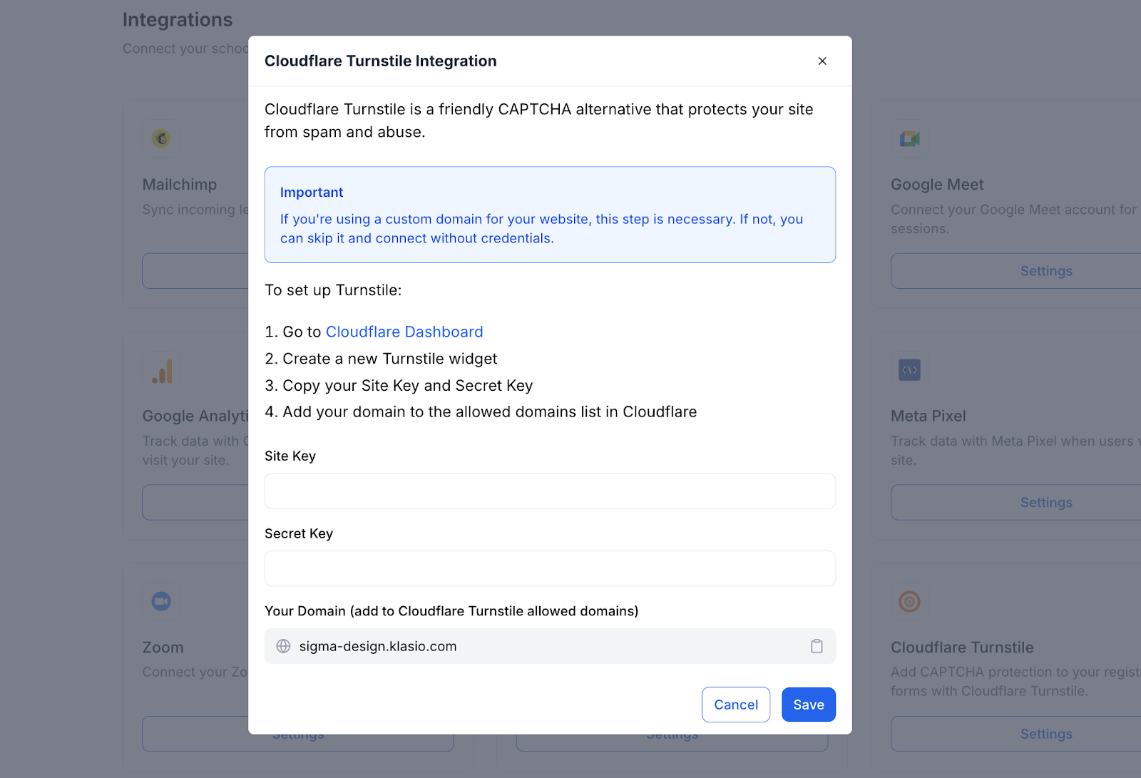 ClooudFlare Turnstile Integration popup