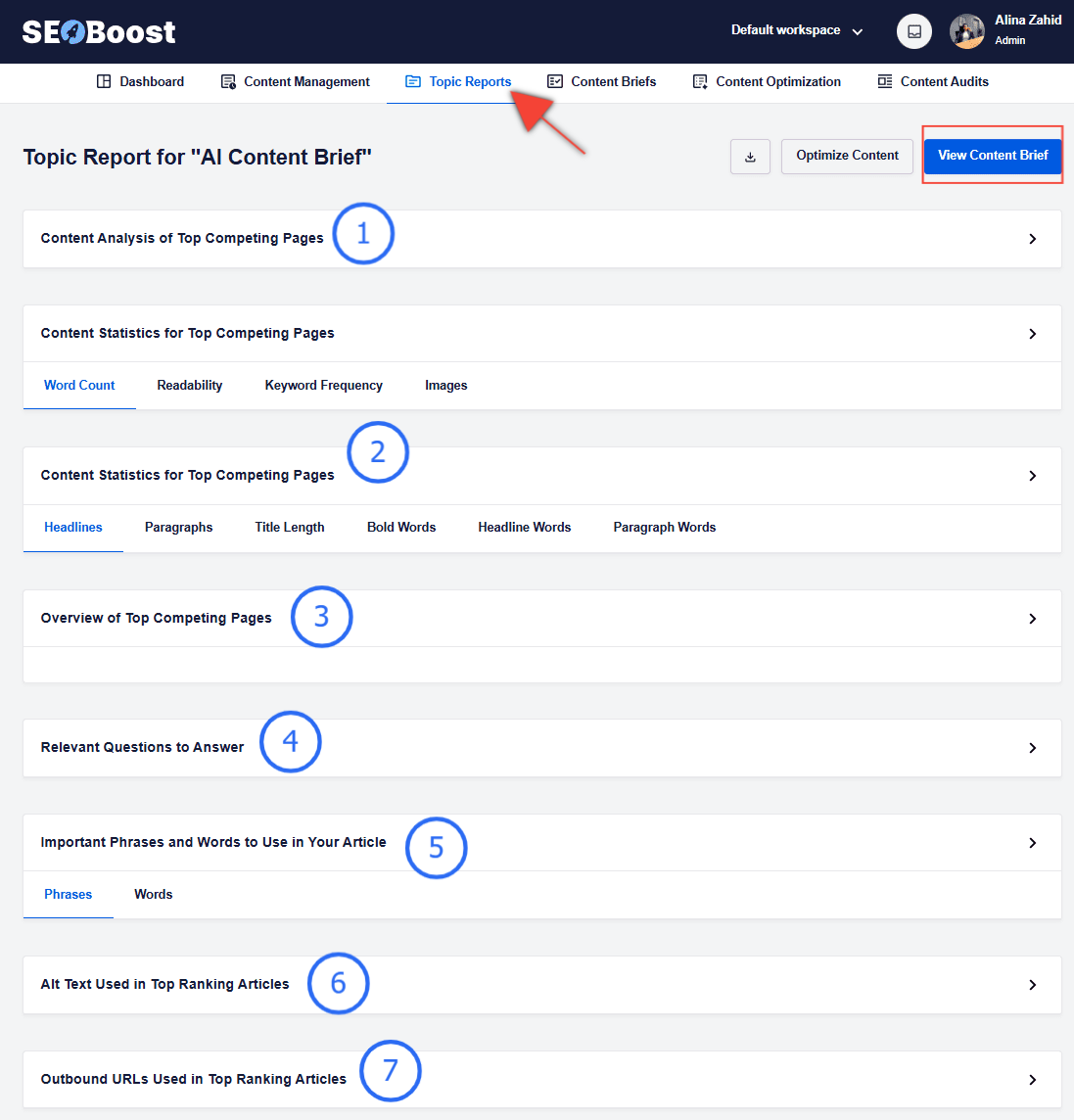 SEOBoost's Topic Reports Feature Shows 7 Different Kinds of Reports for the Keyword, AI Content Brief