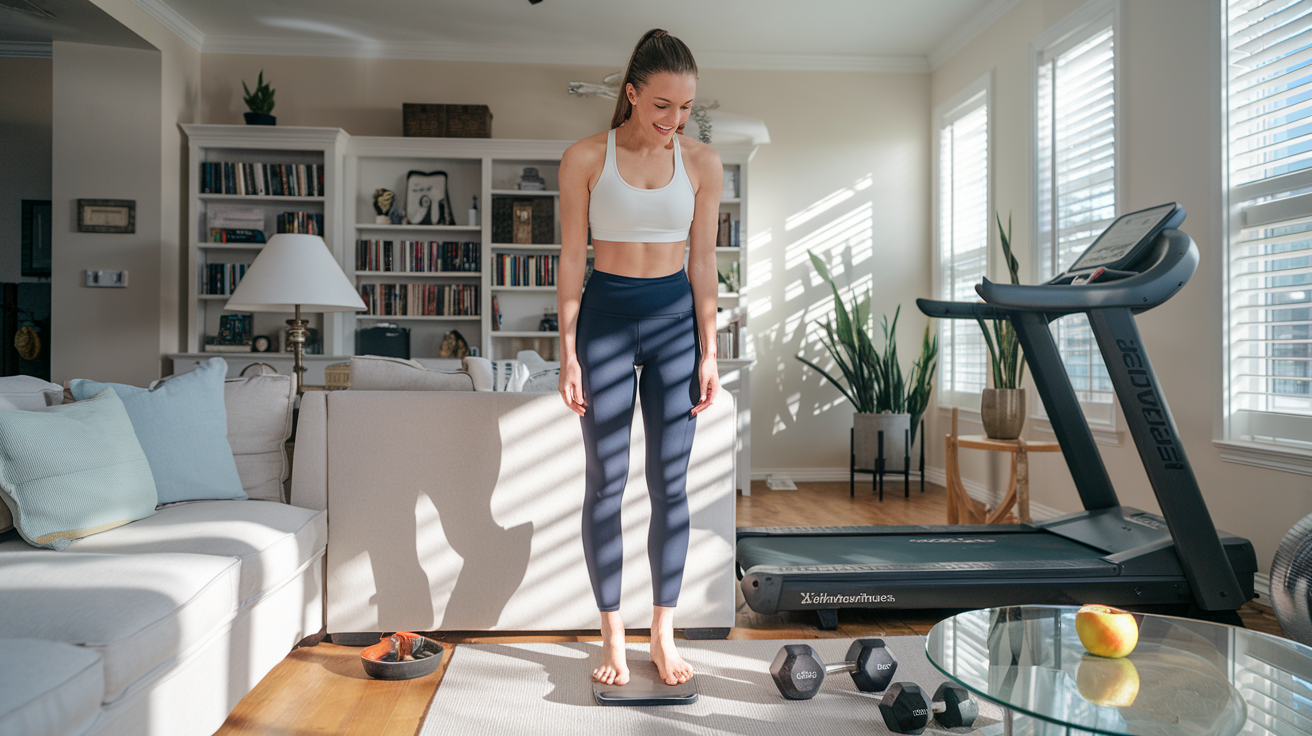 Create a realistic image of a white female in athletic wear standing on a bathroom scale, looking down with a smile, in a bright, sunlit living room with exercise equipment visible in the background, and a half-eaten apple on a nearby coffee table.