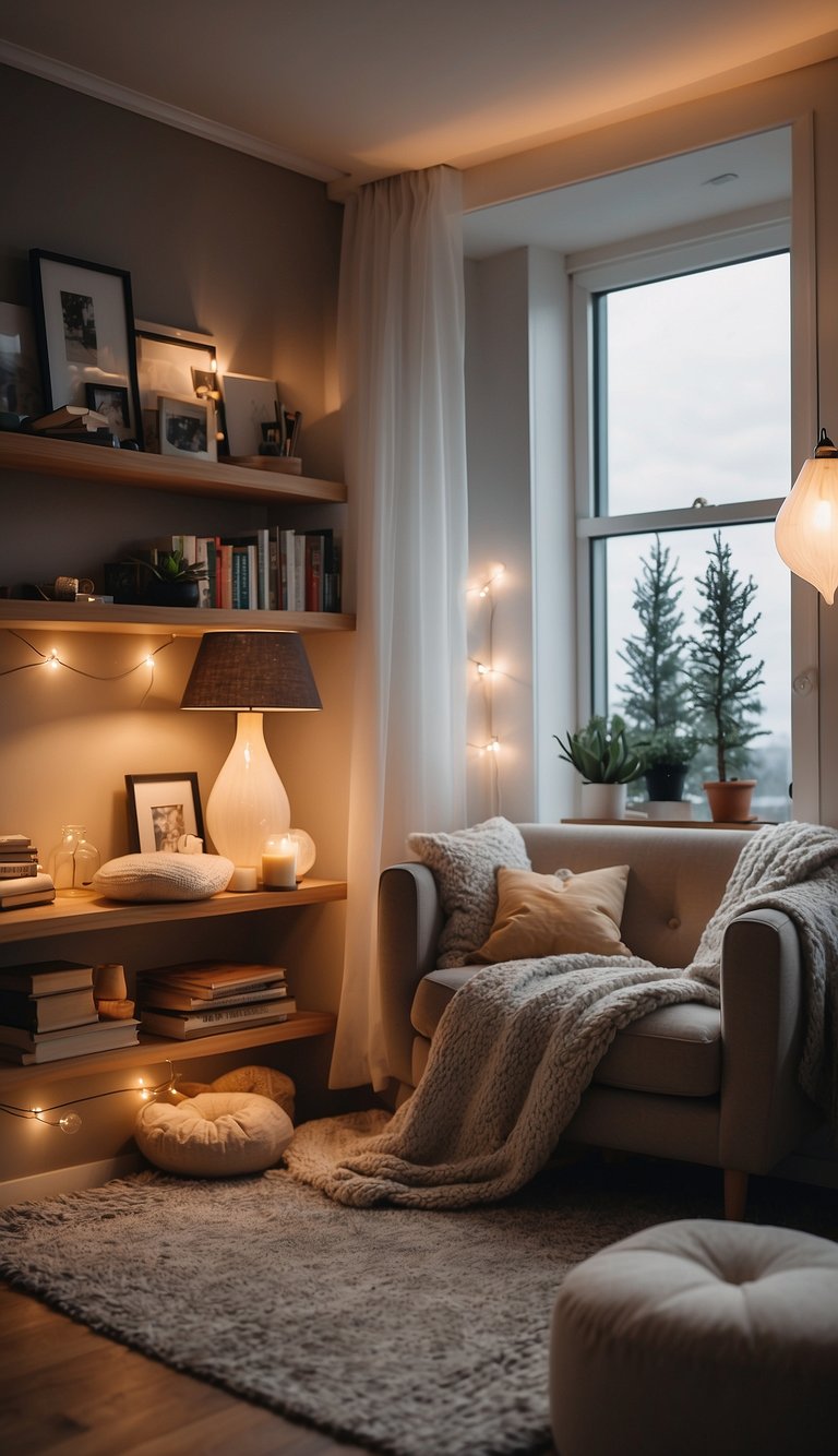 A warm, inviting reading nook with soft lighting, plush pillows, and a comfortable armchair nestled in the corner of a bedroom