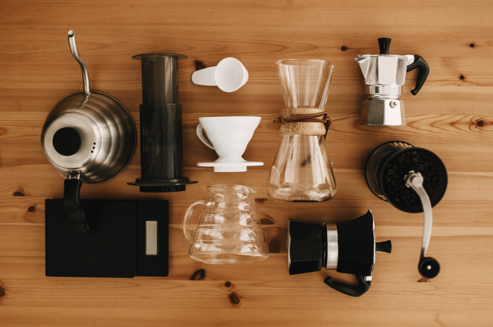 A picture showing multiple coffee brewing tools