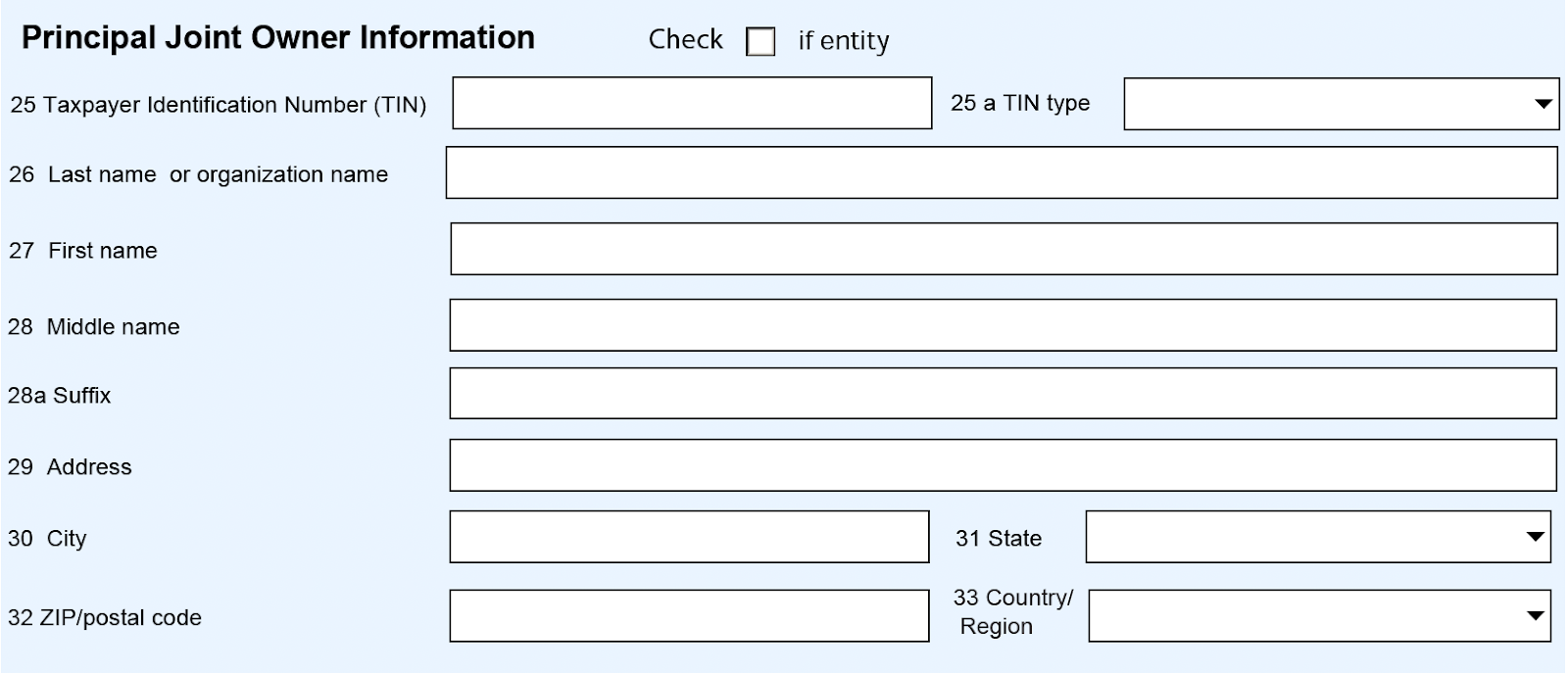 A screenshot of the "Principal Joint Owner Information" section of Part III: Information on Financial Account(s) Owned Jointly on the FBAR.