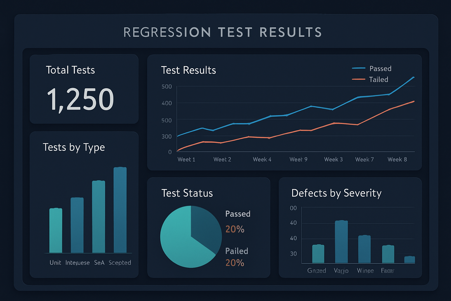 Analytics dashboard displaying regression testing metrics and results for quality assessment