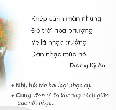 BÀI 3: DÀN NHẠC MÙA HÈKHỞI ĐỘNGCâu hỏi: Đố bạn về các mùa:Mùa gì cho là xanh câyCho bé thêm tuổi má hây hây hồng?(Là mùa gì?)Mùa gì bé đón trăng rằmRước đèn phá cỗ chị Hằng cùng vui?                                            (Là mùa gì?)Giải nhanh: Mùa xuân, mùa thuKHÁM PHÁ VÀ LUYỆN TẬPCâu 1: Đọc:a. Ai mở màn cho khúc ca mùa hạ?b. Gọi tên những người bạn trong dàn nhạc mùa hè.c. Hình ảnh nào trong khổ thơ cuối báo hiệu mùa hè đến?d. Em thích người bạn nào nhất trong dàn nhạc mùa hè? Vì sao?Trả lời: a. Mở màn cho khúc ca mùa hạ là tiếng ve.b. Những người bạn trong dàn nhạc mùa hè là: ve sầu, chim tu hú, chim cúc cu, sáo sậu, cào cào.c. Hình ảnh hoa phượng đỏ trong khổ thơ cuối báo hiệu mùa hè đến.d. Em thích chim cúc cu nhất trong dàn nhạc mùa hè. Vì tiếng chim cúc cu cung trầm, cung bổng, tạo cảm giác nhịp điệu cho dàn nhạc mùa hè.Cùng sáng tạo: Sắc màu mùa hạ Tìm từ ngữ chỉ màu sắc của bầu trời, cây cối khi mùa hè đến.Giải nhanh: Trong xanh, xanh mướt.Câu 2: Viết: Giải nhanh: Học sinh tự viết Câu 3: Thực hiện các yêu cầu dưới đây:a. Chọn từ ngữ không cùng nhóm:b. Tìm từ ngữ chỉ đặc điểm trong 2 khổ thơ sau:Giọt nắng của mùa thu                               Giọt nắng của mùa đôngTrong veo màu ngọc bích                           Say sưa ngủ ngoài đồngNắng tan vào bông cúc                               Cho cây bắp cải nhỏLàm vàng cả mùa thu.                                 Mở mắt tròn bâng khuâng.Vương Triều HảiTrả lời: a. - Nhóm: trắng tinh, tím biếc, xanh lơ, vàng hoe, xám xịt.          Từ ngữ không cùng nhóm là: lạnh ngắt.        - Nhóm: nóng rực, ấm áp, rét mướt, mát rượi, giá buốt.          Từ ngữ không cùng nhóm là: nâu đất.b. Từ ngữ chỉ đặc điểm là: ngọc bích, trong veo, vàng, tròn.Câu 4: Ngắt đoạn văn sau thành 5 câu rồi viết lại cho đúng chính tả.Mùa mưa và mùa khô ở Sài Gòn khá rõ rệt mùa mưa kéo dài từ tháng 5 đến tháng 11 những tháng còn lại là mùa khô mùa mưa trời mát mẻ mùa khô nắng vàng rực rỡ suốt cả ngày.Cẩm TúGiải nhanh:Mùa mưa và mùa khô ở Sài Gòn khá rõ rệt. Mùa mưa kéo dài từ tháng 5 đến tháng 11. Những tháng còn lại là mùa khô. Mùa mưa trời mát mẻ. Mùa khô nắng vàng rực rỡ suốt cả ngày.VẬN DỤNG