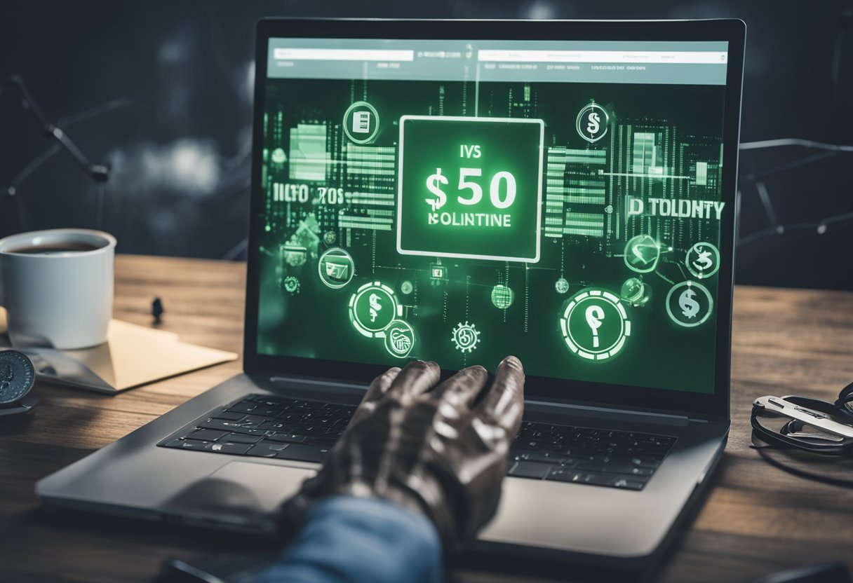A zombie hand holding a laptop with a dollar sign on the screen, surrounded by digital marketing tools and strategies