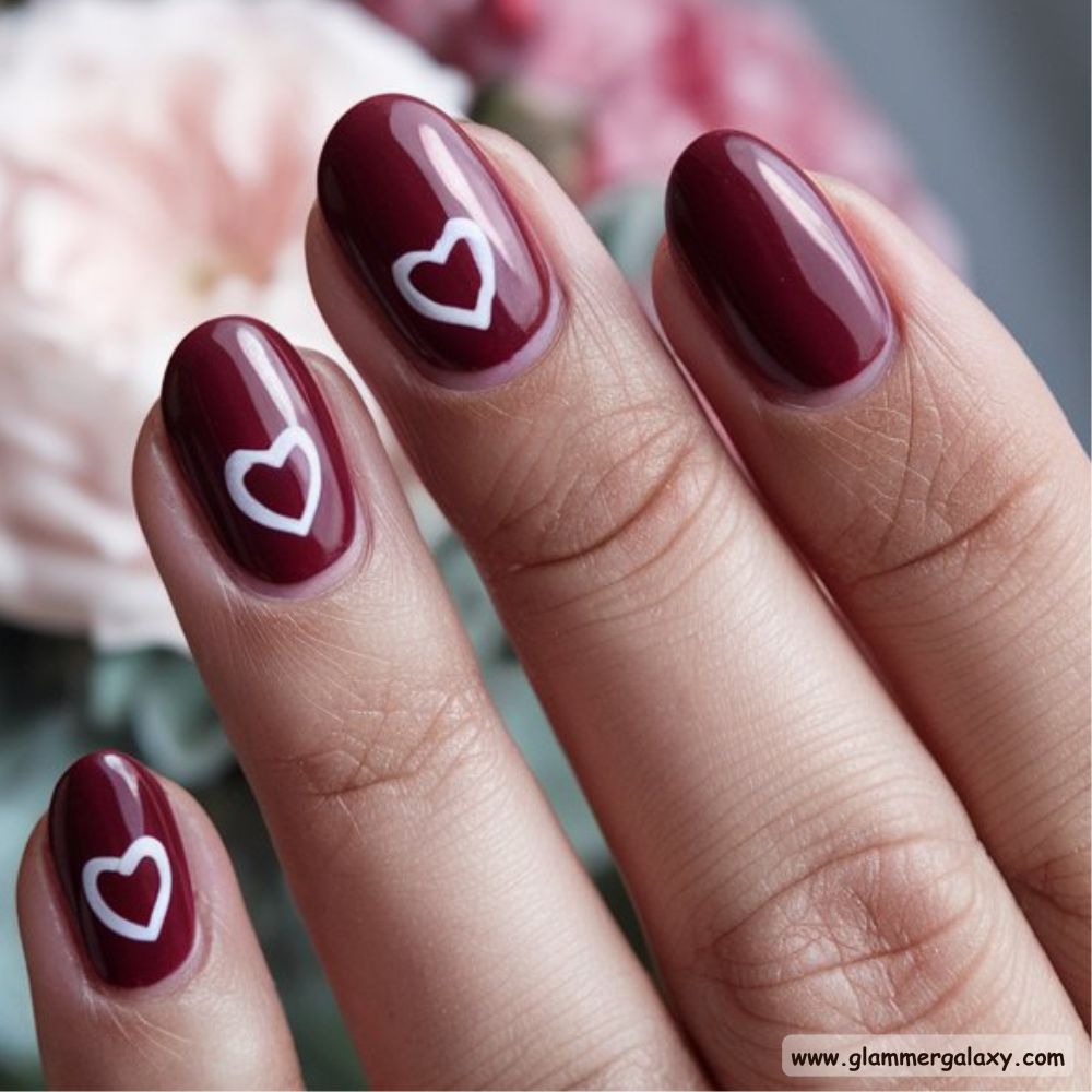 Burgundy fall Nails with Romantic Heart Accents