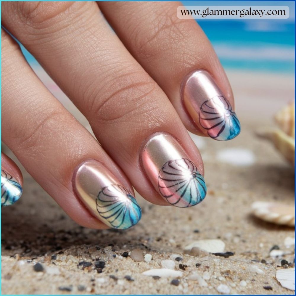 Hot summer nails having Seashell accents with pearl finish