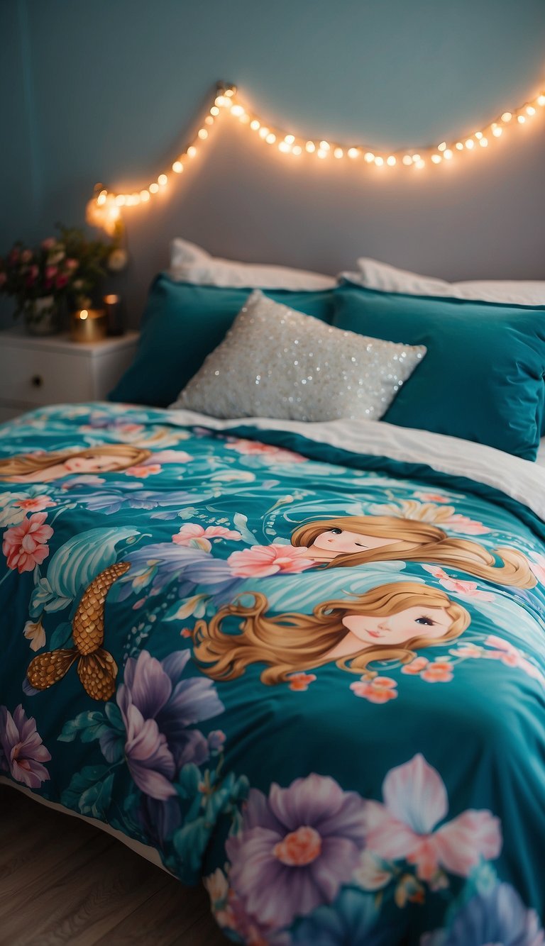 A mermaid-themed bedspread adorns a princess bedroom with 23 enchanting ideas