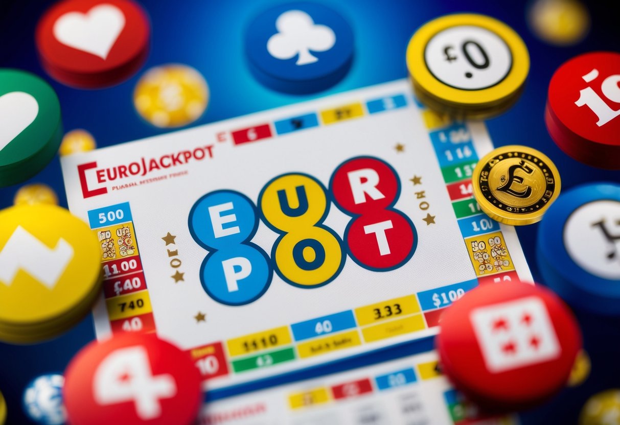 Värikäs lottonumero EuroJackpot-logolla, jota ympäröivät erilaiset kasino- ja lotto-symbolit