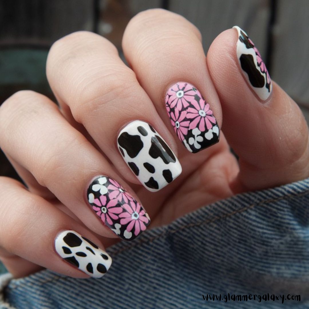 Nails with Floral & Cow Print Fusion