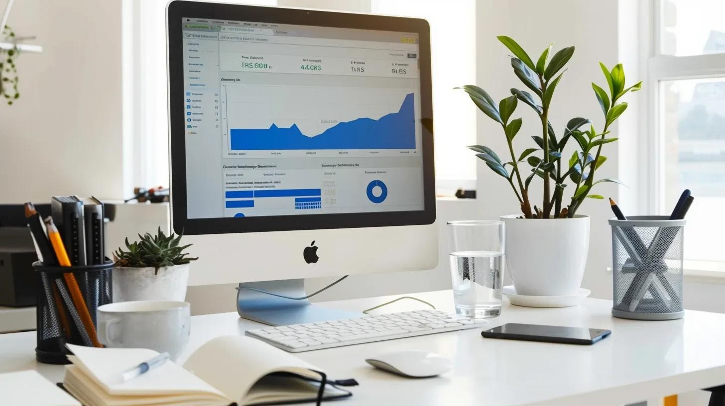 a modern office workspace features a sleek computer screen displaying intricate keyword analytics, surrounded by notes and strategic planning materials, symbolizing the dynamic process of effective keyword research to target the right audience in digital marketing.