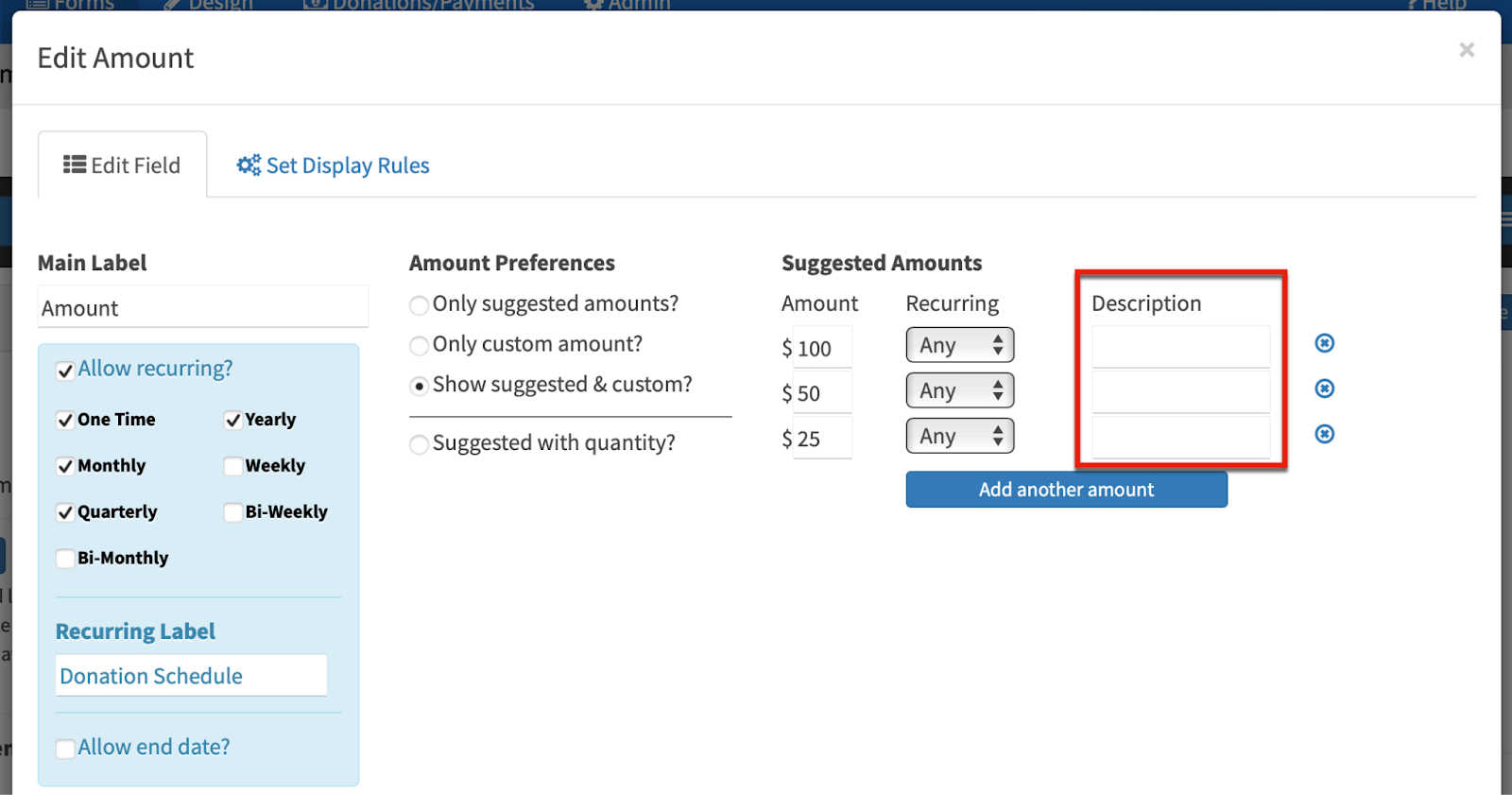 gift amount field in LGL Forms