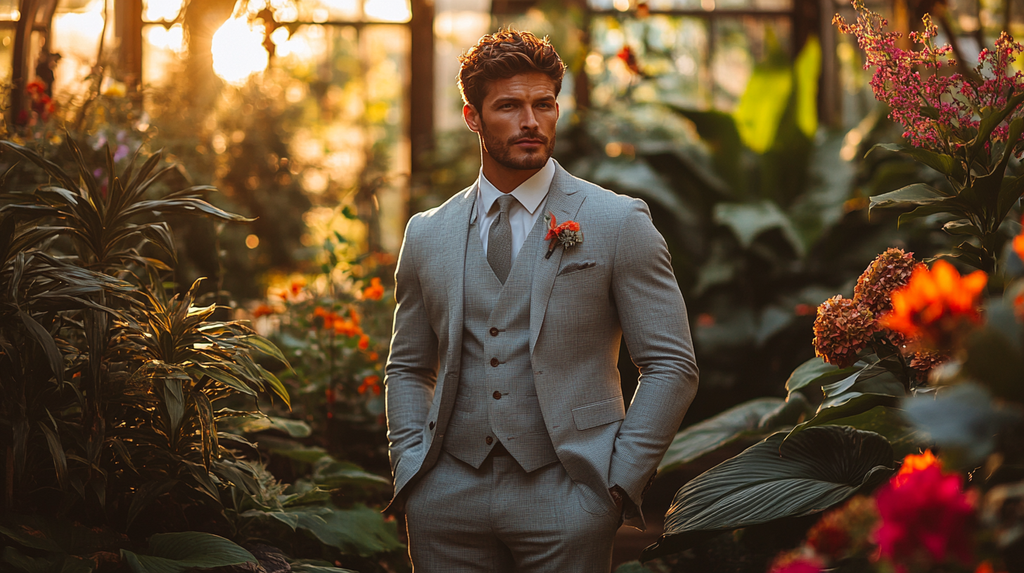 Full-body shot of a man in a light grey suit, standing in a beautiful garden during daylight. The garden is filled with lush greenery, vibrant flowers, and soft, warm natural lighting. The man has a relaxed but stylish look, embodying a casual and comfortable feel.