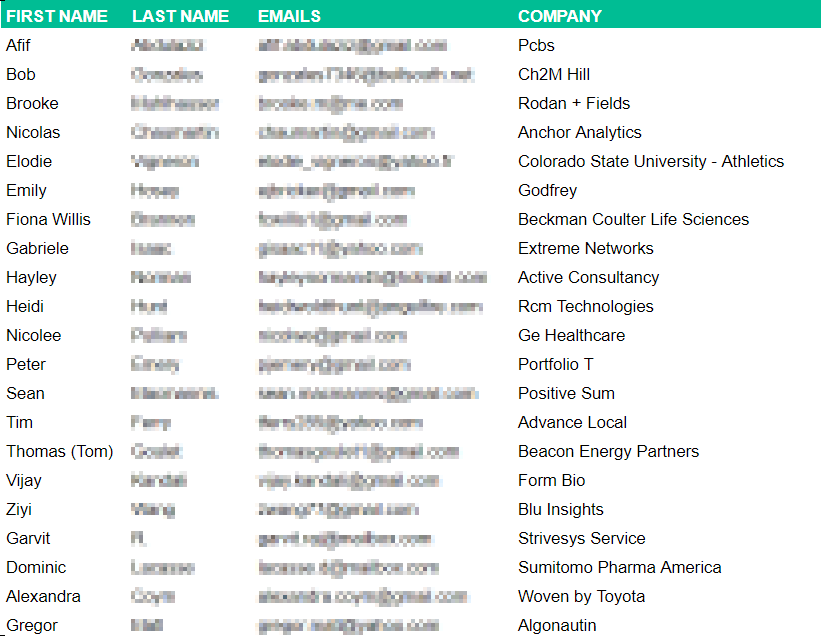 A spreadsheet containing information about company clients and their emails