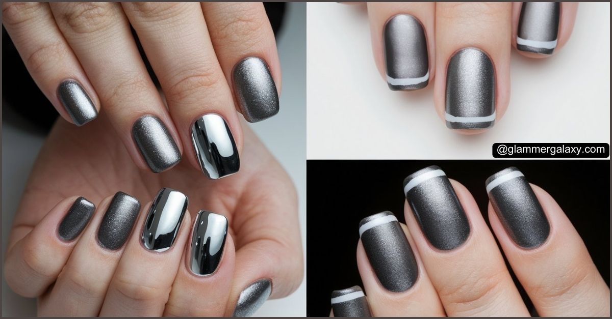 Metallic and glossy manicured nails in silver and black.