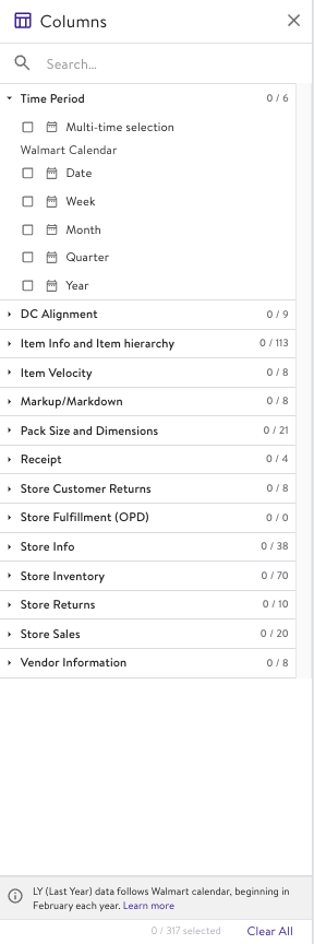 Screenshot of the Walmart Luminate interface displaying the "Columns" selection panel in Report Builder. The panel includes a search bar at the top and various selectable data categories such as Time Period (with options for Date, Week, Month, Quarter, and Year), DC Alignment, Item Info and Item Hierarchy, Item Velocity, Markup/Markdown, Pack Size and Dimensions, Receipt, Store Customer Returns, Store Fulfillment (OPD), Store Info, Store Inventory, Store Returns, and Store Sales. Each category shows the number of available data fields.