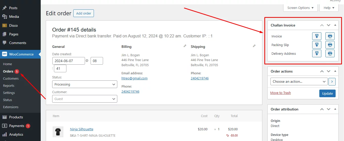 download and print invoice from woocommerce