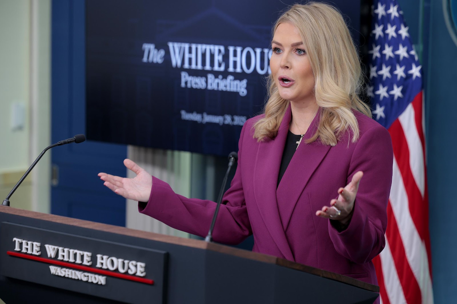 Karoline Leavitt briefing the press. | Source: Getty Images