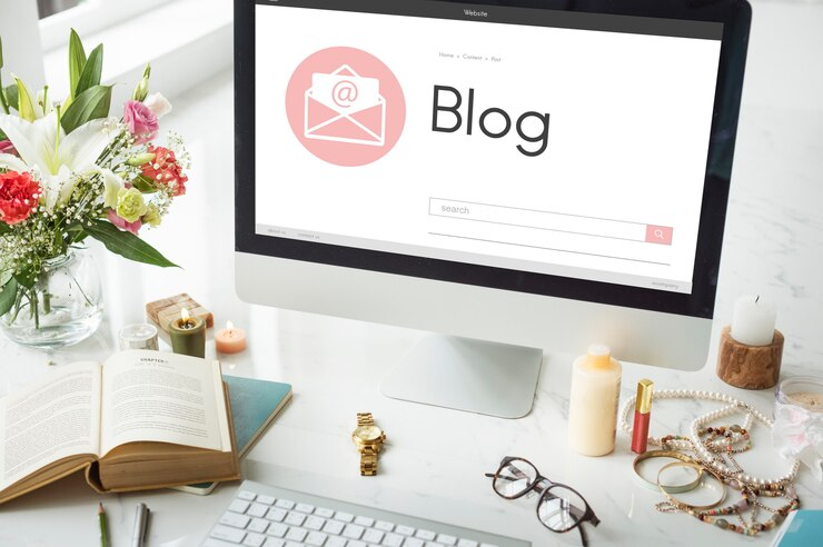 A computer displaying a blog page on the screen on a white desk with various items.