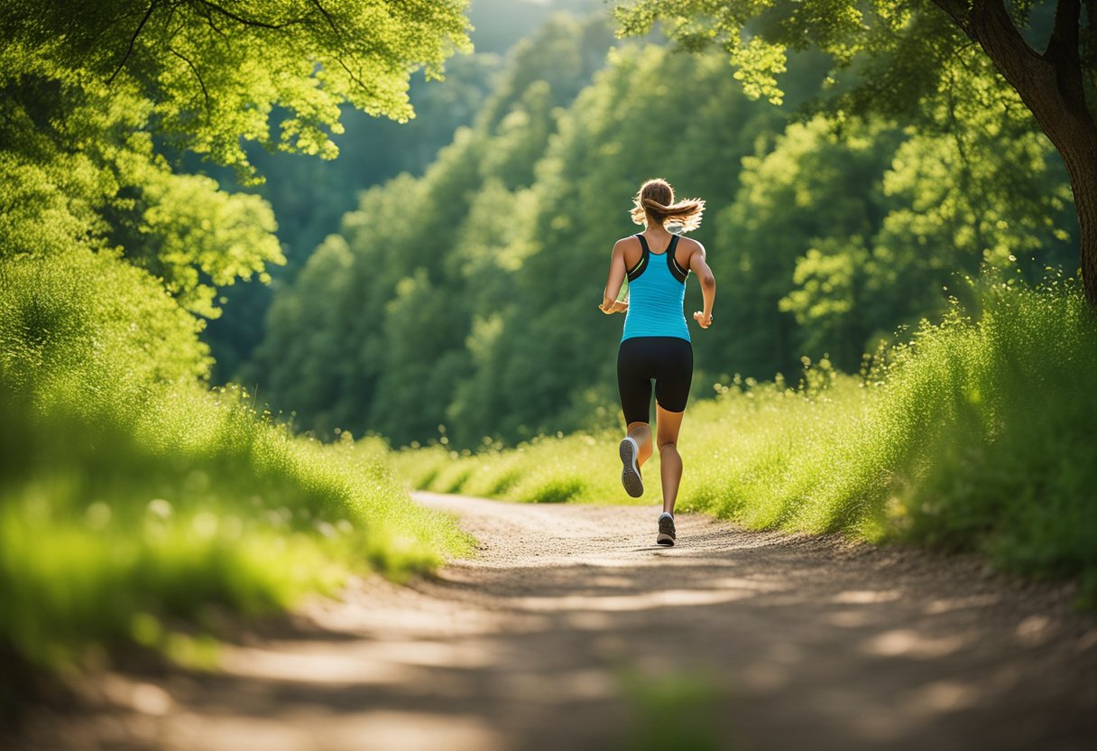 A person running on a scenic trail with lush green trees and a bright blue sky in the background, showing the benefits of incorporating cardio into their lifestyle for better mental and physical health