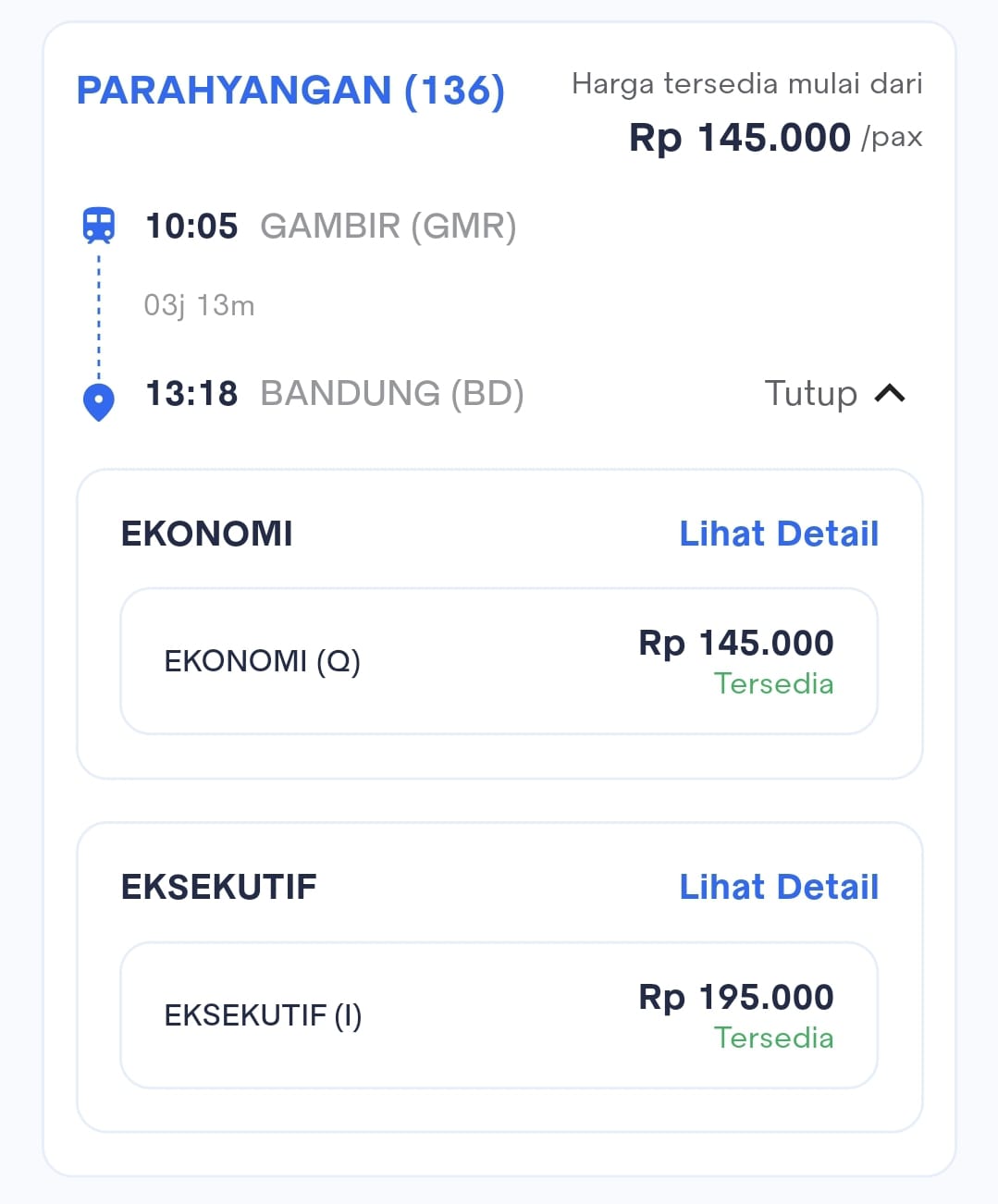 Harga Tiket KA Parahyangan (136) Gambir (GMR) – Bandung (BD)