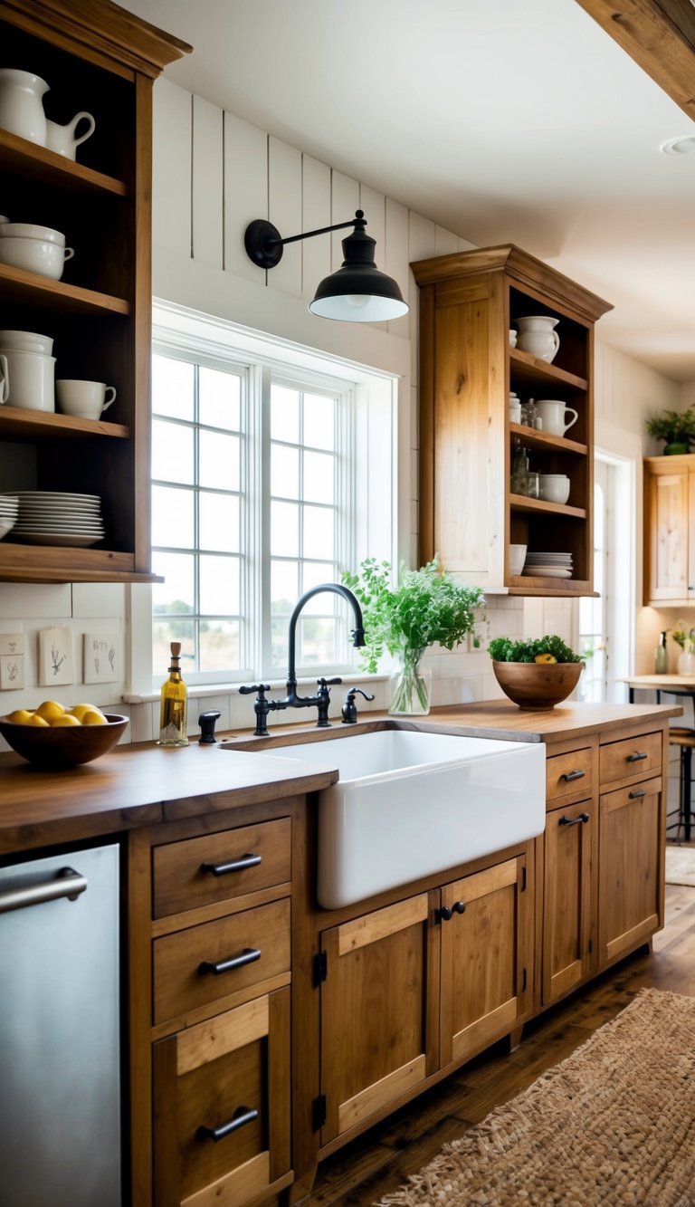 A rustic farmhouse kitchen with a large apron sink, surrounded by wooden cabinets, open shelving, and vintage decor