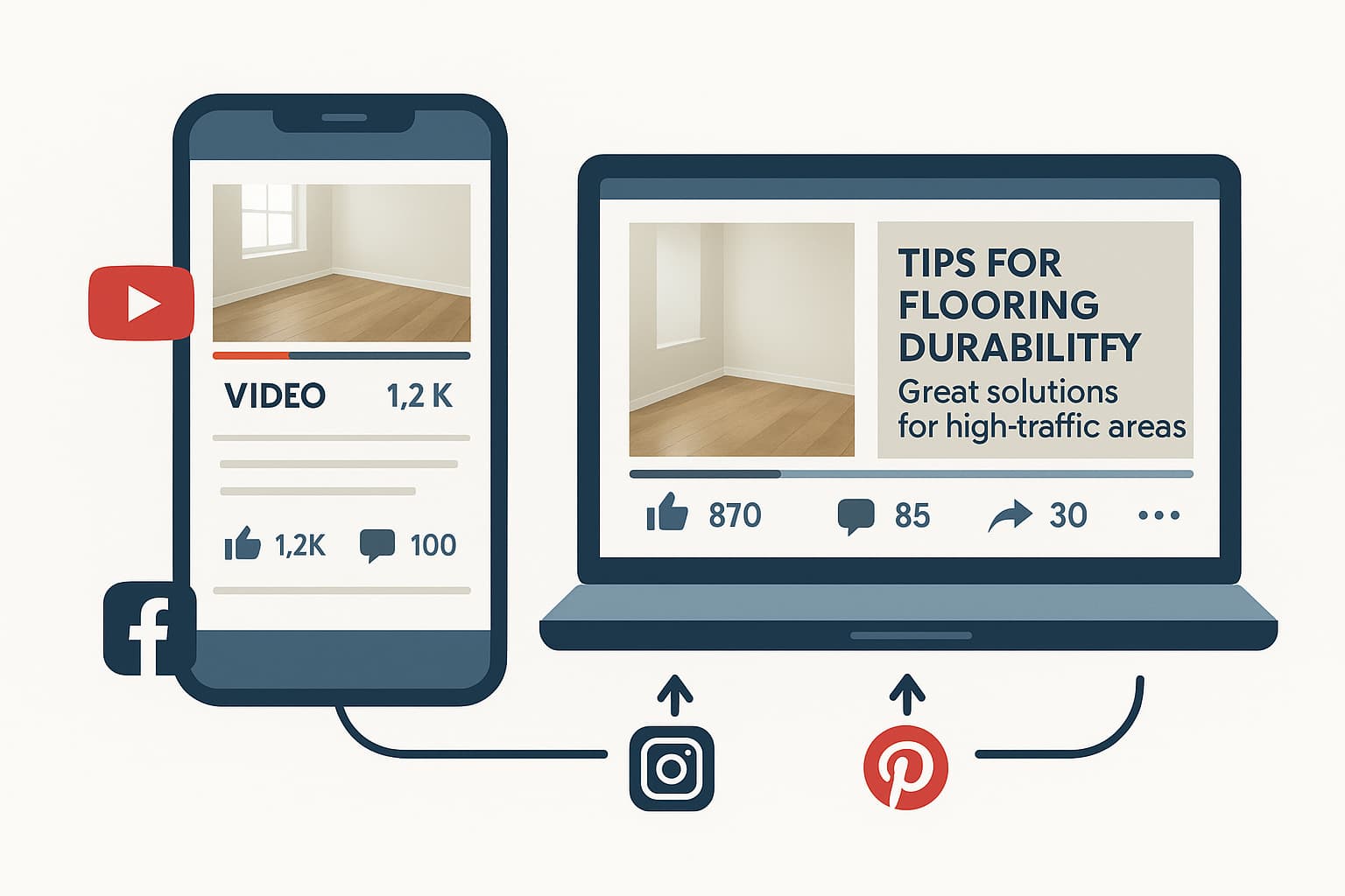 Social media marketing strategies for flooring services showing video content distribution across multiple platforms for online presence.
