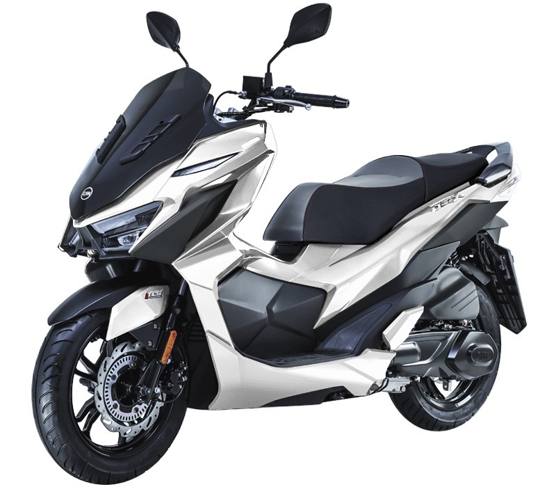 A white and black motorcycle

Description automatically generated