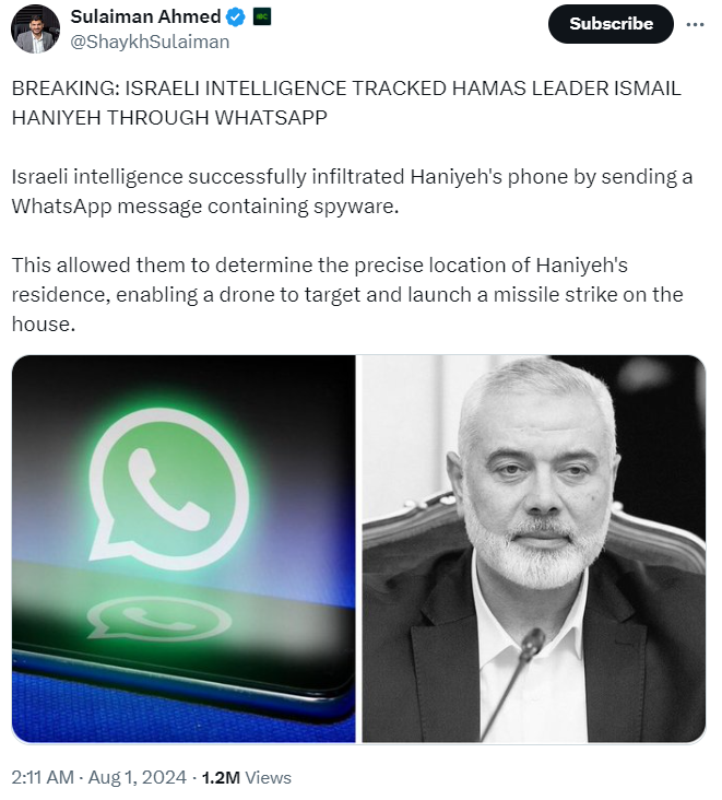 ISRAELI INTELLIGENCE TRACKED HAMAS LEADER ISMAIL HANIYEH THROUGH WHATSAPP