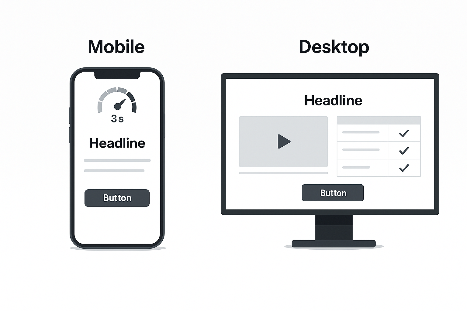 Side-by-side comparison of mobile and desktop landing page designs, highlighting layout differences