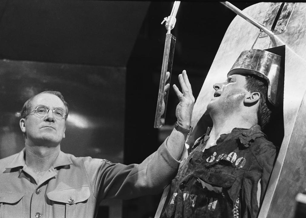 O'Brien (played by Joseph O'Conor) tortures the hapless Winston Smith (David Buck) in the BBC TV Theatre 625 production of George Orwell's classic novel '1984.'