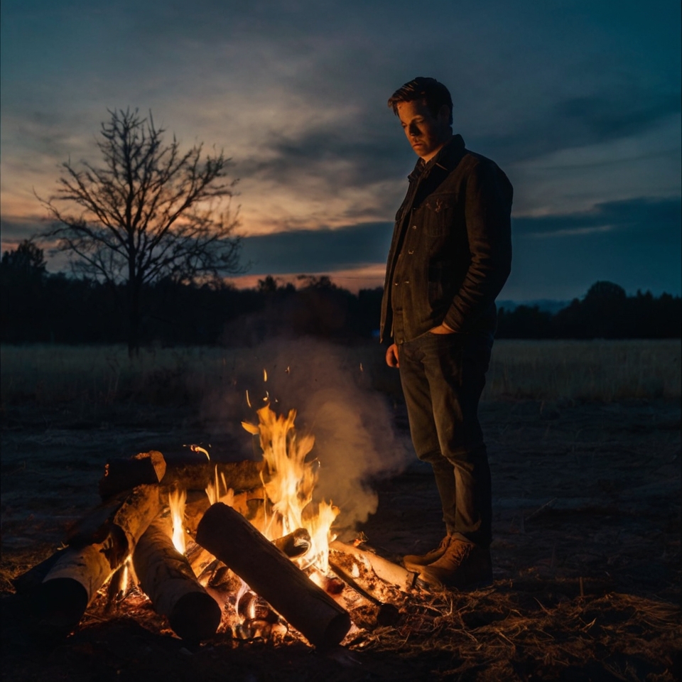 Silhouette of a man burning old papers by a bonfire, symbolizing letting go of the past and embracing freedom