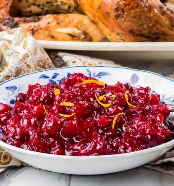 Homemade cranberries in a white and blue flowered bowl