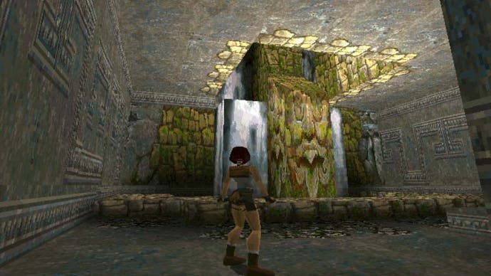 Tangkapan layar Tomb Raider PS1 yang menunjukkan Lara Croft berada di dalam reruntuhan sambil melihat air terjun dan langkan