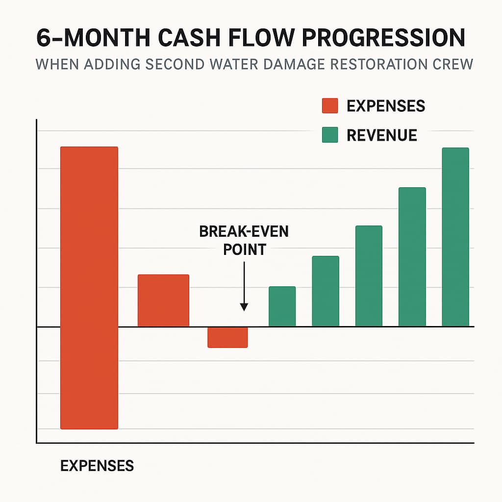 Water damage restoration business cash flow timeline showing expense and revenue progression when scaling from one crew to two crews over six months.
