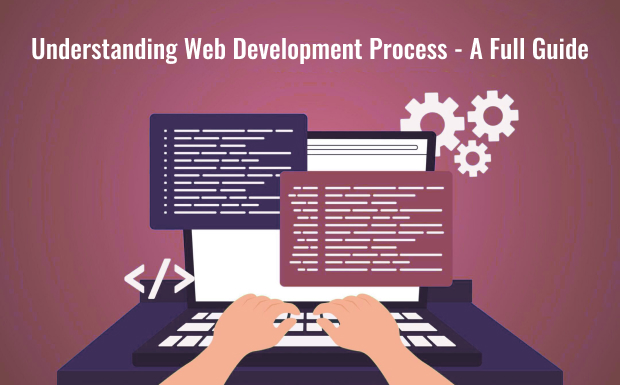 For web development process, A person's hands typing on a keyboard with a computer screen in the background showing code and gears, illustrating the web development process