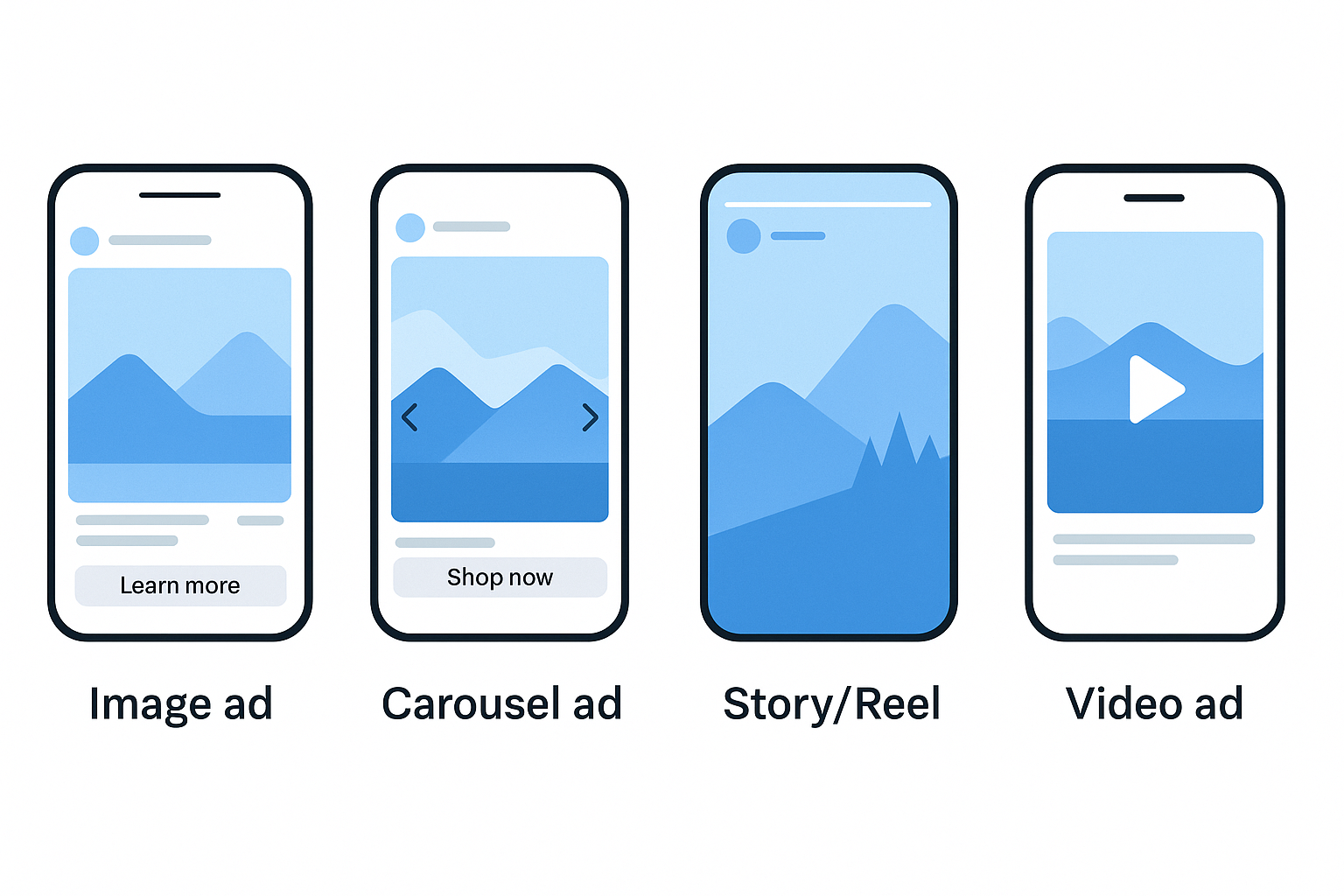 2D illustration showing four mobile ad formats—Image ad, Carousel ad, Story/Reel, and Video ad—displayed on separate smartphone screens with clear labels