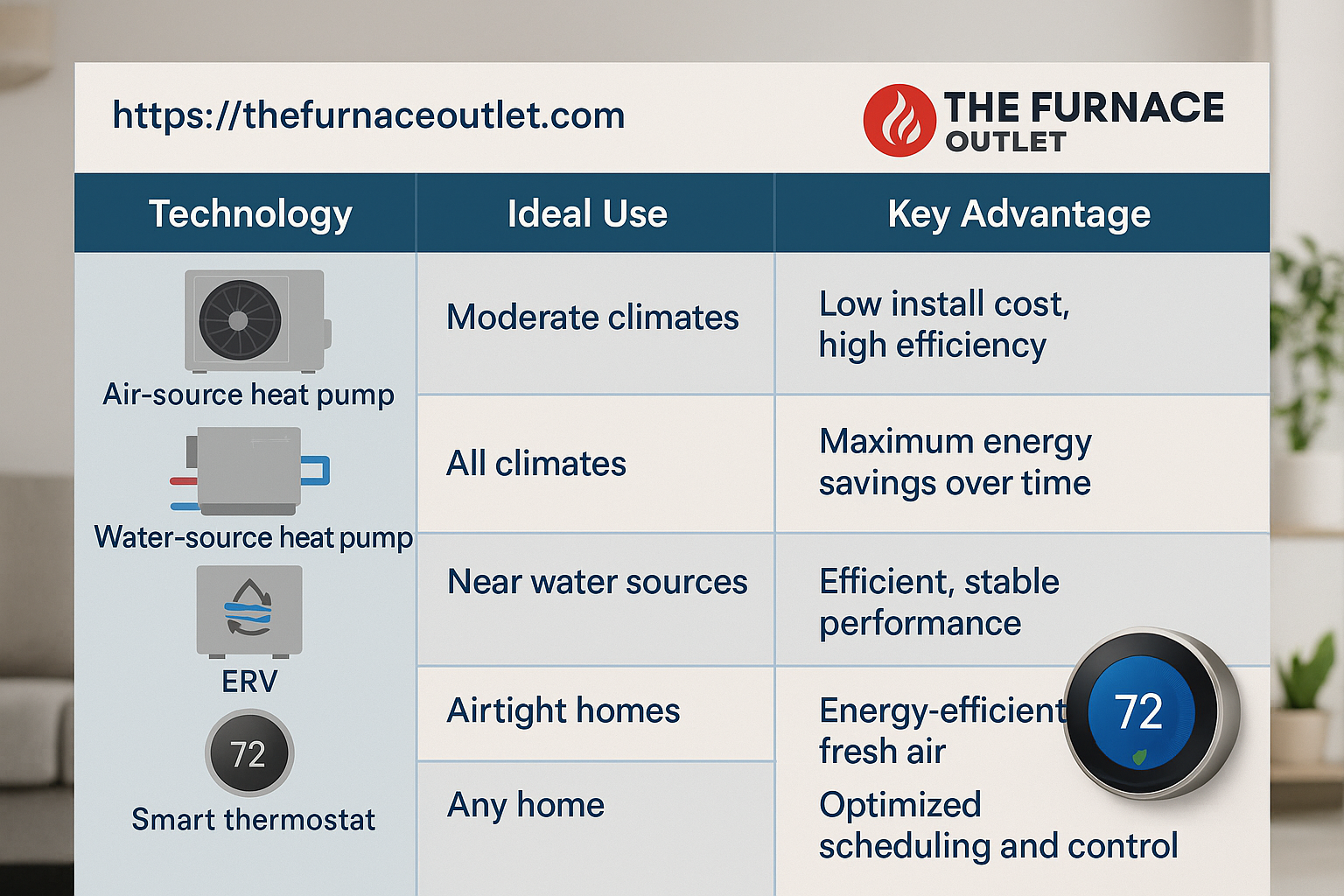 A comparison chart infographic image from The Furnace Outlet shows five HVAC technologies—air-source heat pump, ground-source heat pump, water-source heat pump, ERV, and smart thermostat—alongside ideal usage and key benefits for building net-zero energy homes.