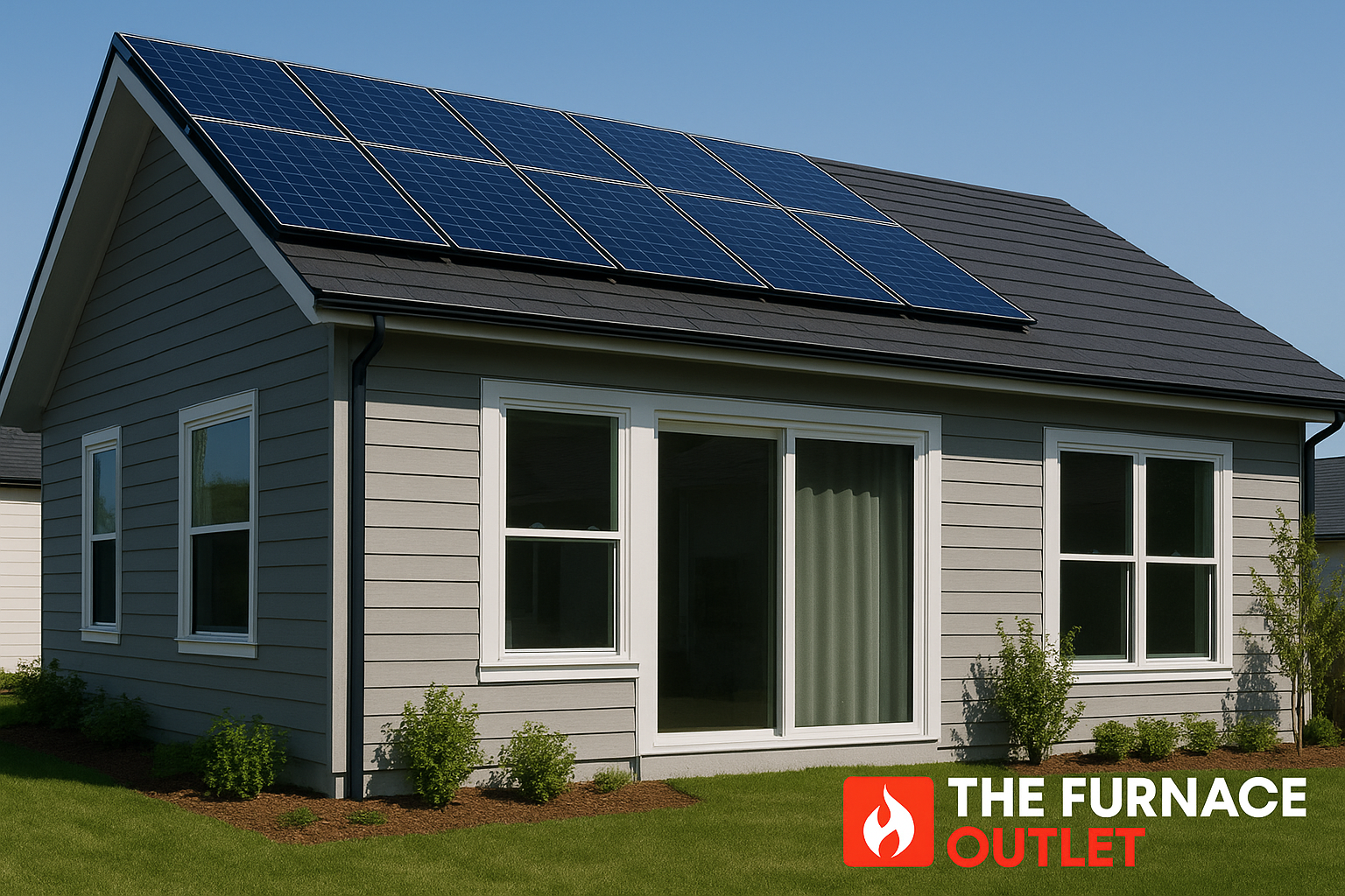 A high-resolution digital photograph taken during daytime shows a modern net-zero home with rooftop solar panels, large insulated windows, airtight siding, and a manicured lawn, branded with The Furnace Outlet logo to highlight energy-efficient HVAC solutions.