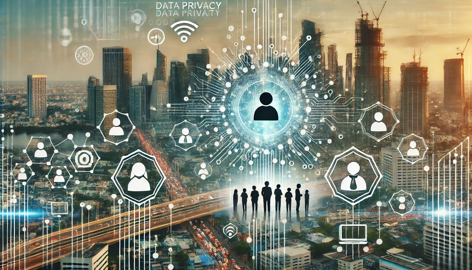 A city skyline with a digital overlay representing data privacy and inclusivity considerations in AI-driven urban planning. The image includes symbols of diverse communities and icons representing data security, with the backdrop of a smart city network, illustrating the balance between technological advancement and ethical responsibility.