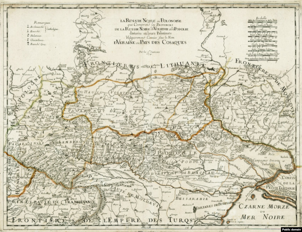 А це інша карта. Створена Нікола Сансоном в 1774 році в Парижі і видана вже після його смерті. Це перша карта, де позначення для України «Країна козаків» винесена в картуш (назву) мапи